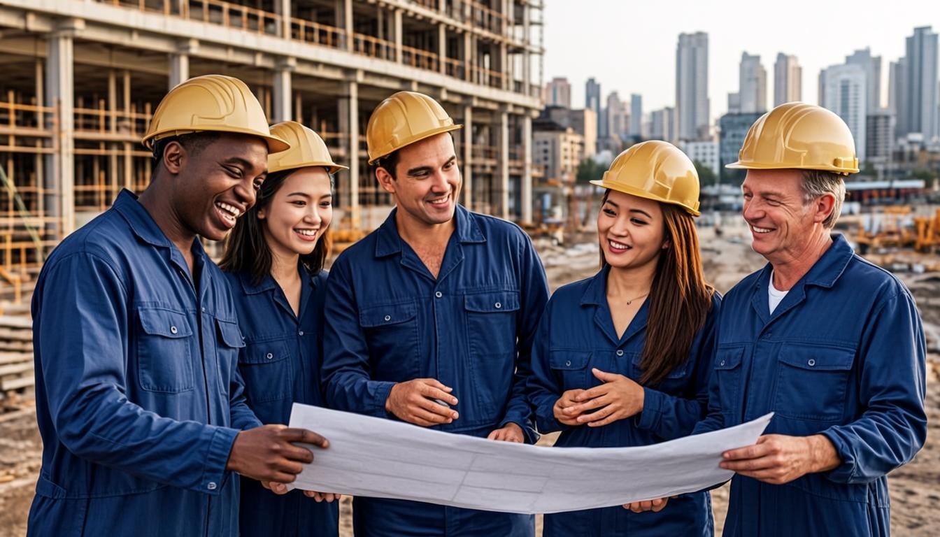 3A Construction crew reviewing blueprints on a Brooklyn job site